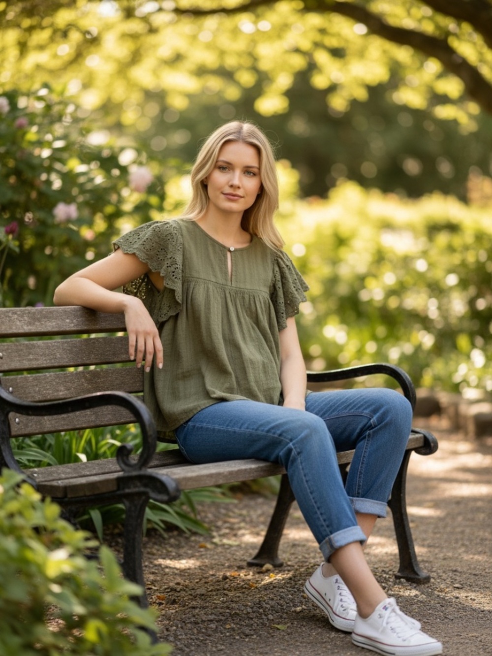 LOFT olive green eyelet sleeved top